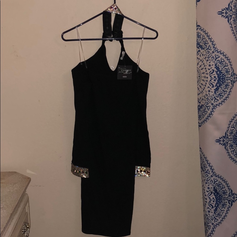 black with green, gold, silver sequence dress